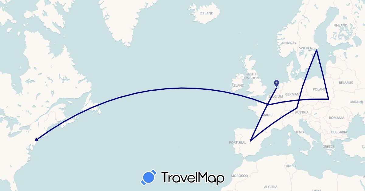 TravelMap itinerary: driving in Germany, Spain, France, Netherlands, Poland, Sweden, United States (Europe, North America)